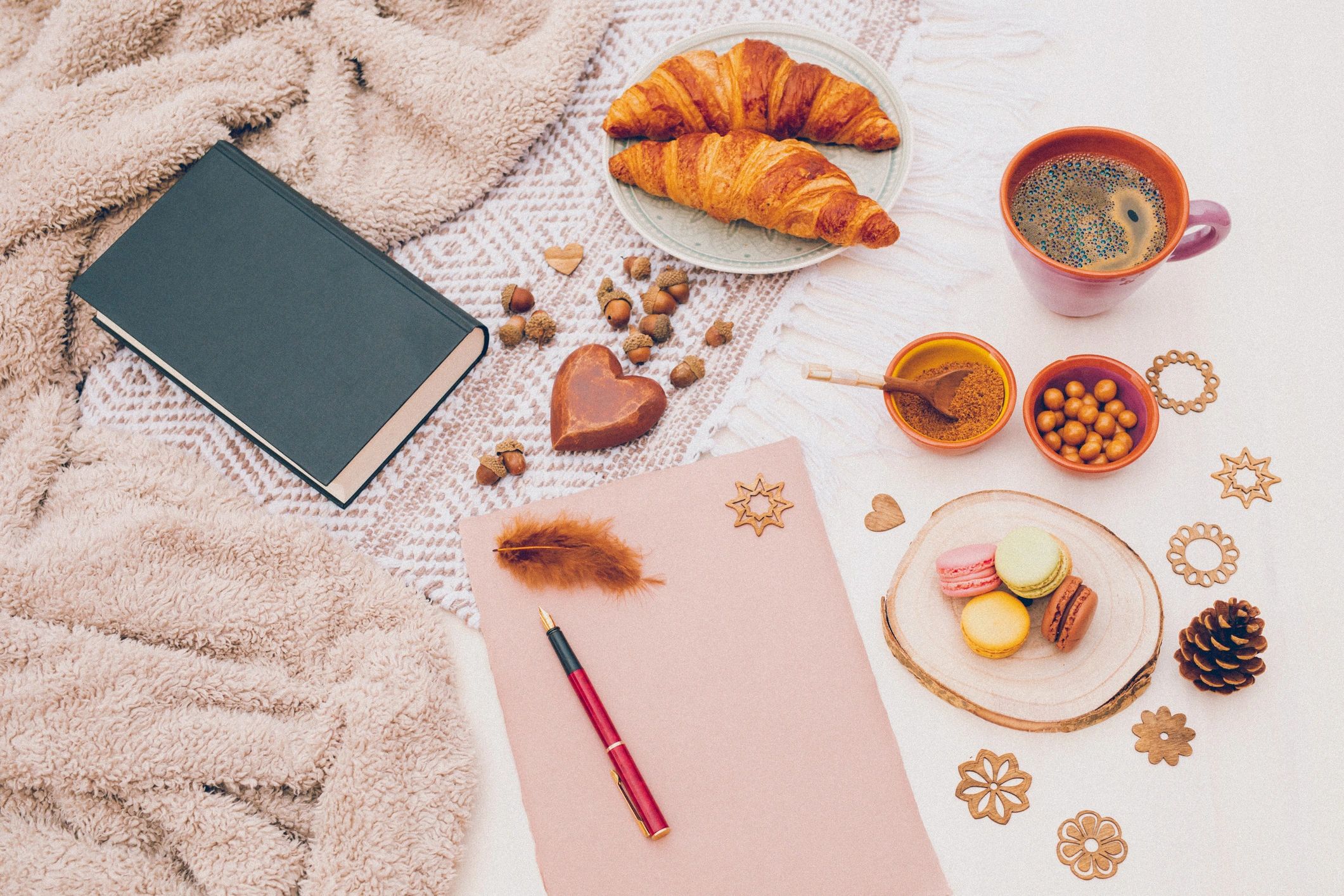 Styled breakfast flat lay with book and coffee for lifestyle content