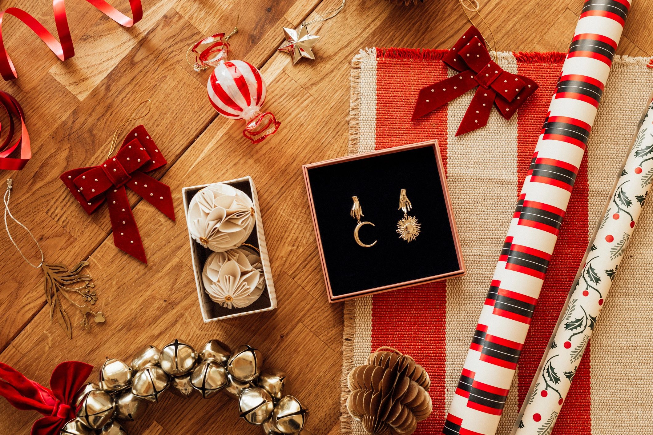 Luxury accessories flat lay with jewelry and gift details
